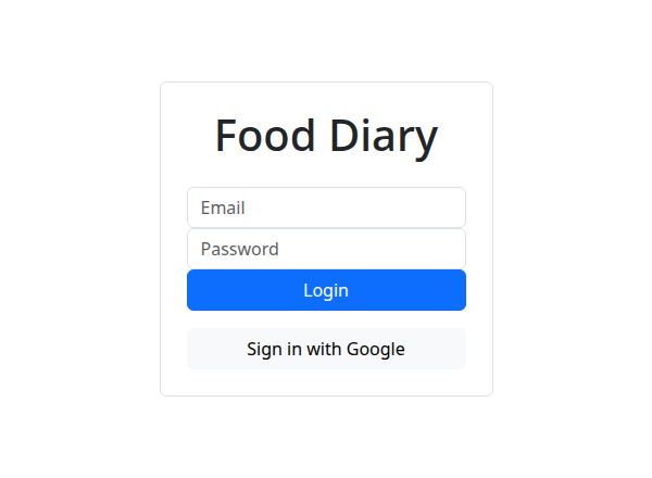 Food Diary login screen with email, password, and Sign in with Google